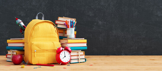 Yellow school bag with books and accessory on empty black chalkboard. Back to school concept background 3D Rendering, 3D Illustration	 - obrazy, fototapety, plakaty