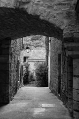 Picturesque old houses in narrow shaded archway street of old town Montclus sur Céze. Typical architecture of Provence in southern France, a popular tourist destination. Black and white greyscale.