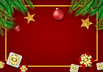 Merry Christmas and Happy New Year background. Decorated with pine leaves with gift boxes and golden stars. Vector illustration.top view,top-down,flat lay.copy space.