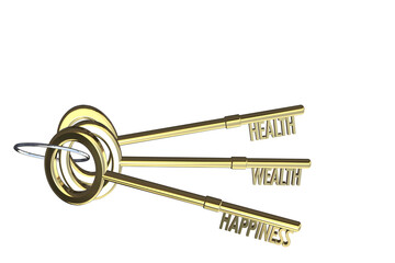 key to health concept key to wealth concept key to happiness concept health wealth & happiness cut out isolated white background