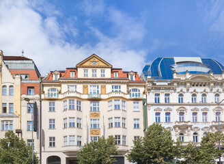 Fototapeta na wymiar Houses on the Vaclavske Namesti. Prague, Czech Republic