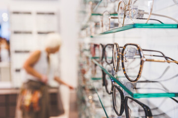 Glasses shop. Eyeglasses or spectacles, vision eyewear, with lenses. Customer choosing glasses in...