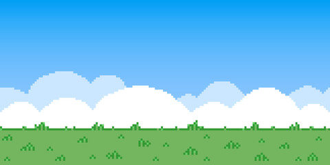 Colorful simple flat pixel art illustration of cartoon outdoor landscape background. Pixel arcade screen for game design. Game design concept in retro style.