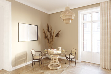 Modern-classic dining room in beige tones with a blank horizontal poster next to large spikelets in a vase, rattan chairs near a round bamboo table, and linen curtains near the balcony door. 3d render