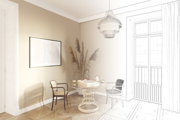 A sketch becomes a modern-classic dining room in beige tones with a blank horizontal poster next to large spikelets, rattan chairs near a round table, and curtains near the balcony door. 3d render