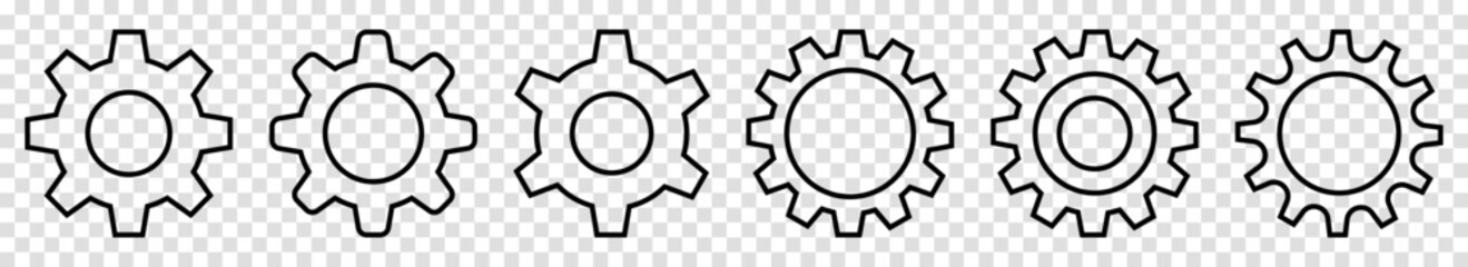 Gear outline icon set. Cog wheel collection. Vector illustration isolated on transparent background