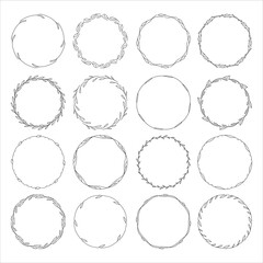 Set of 16 hand drawn spring wreaths isolated on white background, vector. Floral frames of leaves. Doodle style.Collection of floral monogram frames.