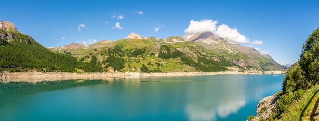Panoramic view at the Chevril lake near Val d Isere in Savoie Alps - France