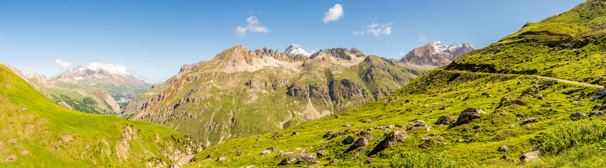 Panoramic view at the Mountain massif near Val d Isere in Savoie Alps - France
