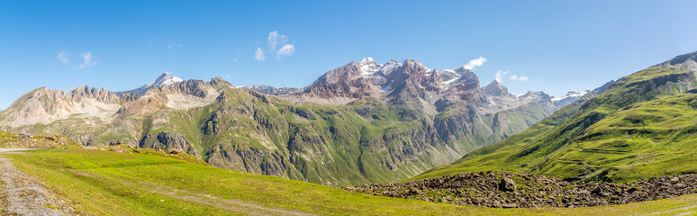 Panoramic view at Nature and mountains from Col de l Iseran pass in Savoie Alps - France