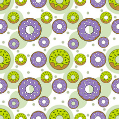 Vector seamless pattern with cartoon donuts. Texture for fabric, wrapping, wallpaper. Decorative print.
