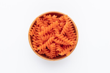 Lentil pasta in a wood bowl.