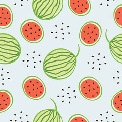 seamless pattern with watermelon and seeds illustration   on light blue background .