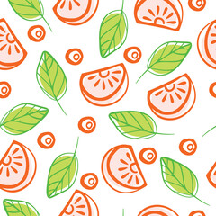 orange candy and leaf illustration seamless pattern design on white color background .