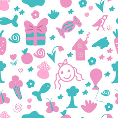 Baby hand-drawn design for textile, posters, cards for girl. Fabric baby design.Cute flowers, mushrooms, houses, butterflies and other decorative elements.
