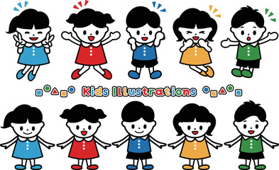 5人のこどもの全身イラスト 2ポーズ