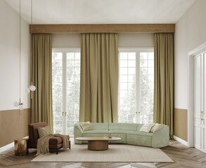 Classic minimalist living room with a green sofa, brown armchair and forest view from the panoramic windows. Braided carpet on wooden parguet, wooden coffee table, yellow blackout curtains