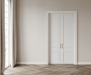 Empty classic interior, space with a large window, white classic door, parquet on the floor. 3D rendering illustration mockup.