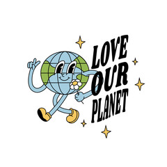 Vector illustration planet Earth character with happy face holding chamomile flower ìn retro style. Groovy sticker with planet and typography for print.