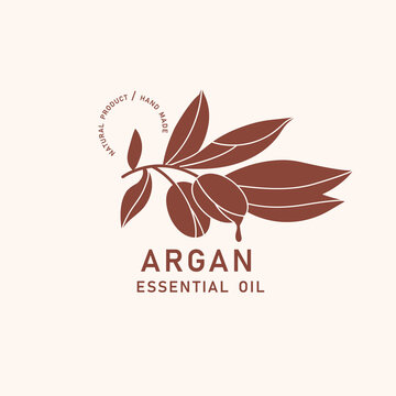 Vector packaging design element and icon in linear style - argan oil - healthy vegan food. Logo sign.