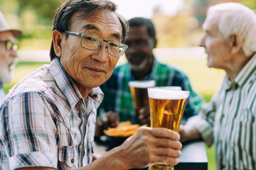 Group of senior friends drinking a beer at the park
