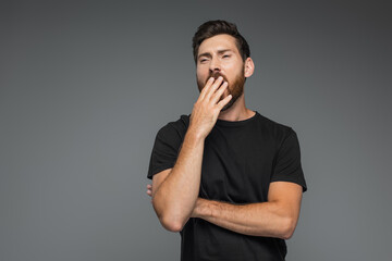 portrait of bearded man in black t-shirt yawning isolated on grey.