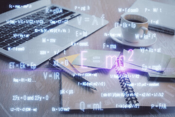 Double exposure of formula drawing and desktop with coffee and items on table background. Concept of education