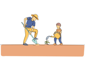 Single continuous line drawing young dad digging ground using shovel and son watering a plant at home garden . Happy family parenthood concept. Trendy one line graphic draw design vector illustration