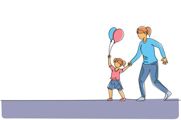 Single continuous line drawing of young mother and her daughter go to night carnival festival while the kid holding balloon. Happy family parenthood concept. One line draw design vector illustration