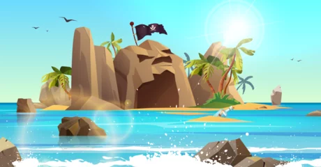 Poster Piraten Rocky island with pirate flag and palm trees in the ocean. Bottle with paper message in it. Cartoon vector illustration  © Дарья Михайлова