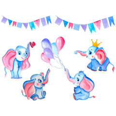Set of watercolor elephant with balloons. Romantic pink and blue elephant with pink ears. Sweet animals. elephant in a golden crown. For children's invitations, birthdays, children's clothing