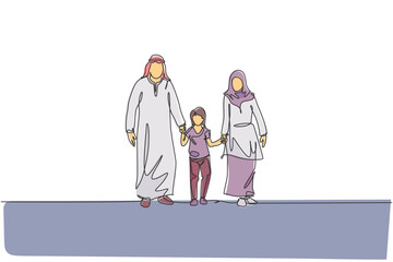 Single continuous line drawing of young Arabian mom and dad walking and holding their daughter's hand together. Islamic muslim happy family parenting concept. One line draw design vector illustration