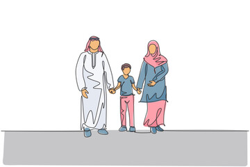 Single continuous line drawing of young Arabian mother and father walk together and hold their boy son's hand. Islamic Muslim happy family parenting concept. One line draw design vector illustration