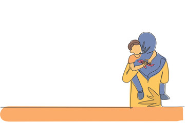 Single one line drawing of young Arabian mom carrying her sleepy boy go to the bedroom vector illustration. Happy Islamic muslim family parenting concept. Modern continuous line graphic draw design