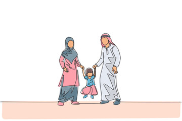 Single continuous line drawing of young Islamic mom and dad playing and holding their daughter's hand, happy parenting. Arabian family care concept. Trendy one line draw design vector illustration