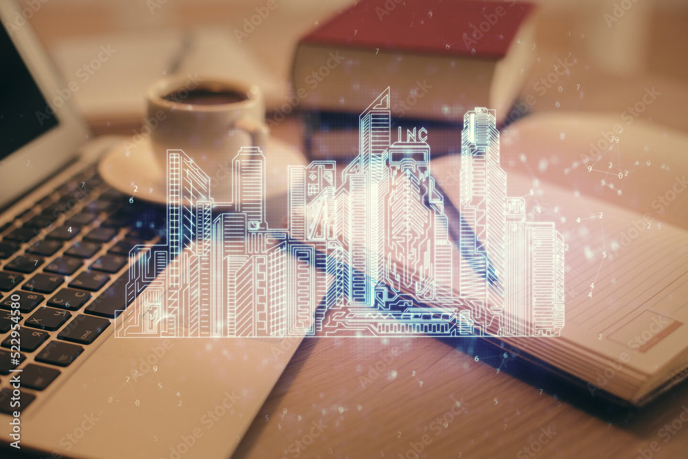 Poster double exposure of buildings drawing and desktop with coffee and items on table background. concept 