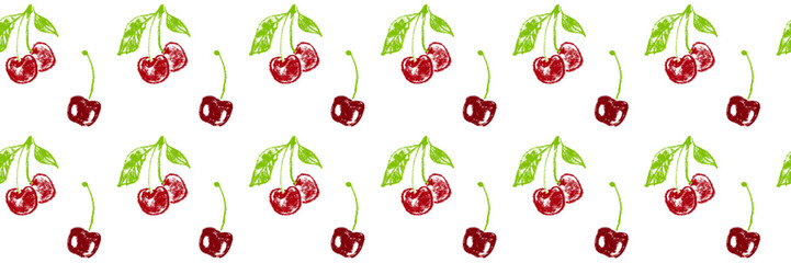 Color Cherry banner template. Rare cherries pattern seamless with fruit hand drawn pencil illustrations for vegan banner, juice, baby food packaging, jam label design. Vector Cherry background.