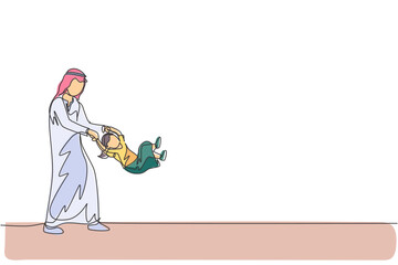 One continuous line drawing of young Arabian father play ang swing her daughter girl at home. Happy Islamic muslim loving parenting family concept. Dynamic single line draw design vector illustration