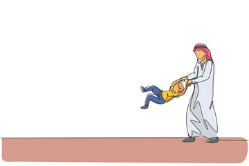 Fototapeta na wymiar One single line drawing of young Arabian father play and lift his boy son up into the air at home vector illustration. Happy Islamic muslim family parenting concept. Modern continuous line draw design