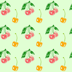 Color Cherry banner template. Rare cherries pattern seamless with fruit hand drawn pencil illustrations for vegan banner, juice, baby food packaging, jam label design. Vector Cherry background.