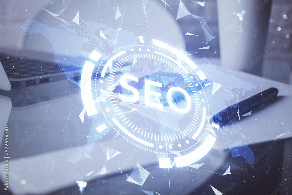 Poster Double exposure of SEO drawing and cell phone background. Concept of data search optimization