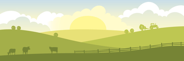 Abstract rural landscape with cows and tractor. Vector illustration, fields and meadows, fodder harvesting