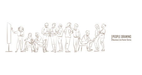 Fototapeta premium Business multinational People. Vector illustration of various races. business teamwork. People line drawing vector.
