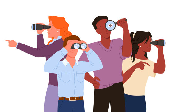 People look through binoculars and magnifying glass far ahead vector illustration. Cartoon isolated group of man and woman employees search and explore future opportunity, job perspectives and goals