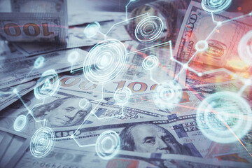 Multi exposure of social network drawing over us dollars bill background. Concept of people connection.
