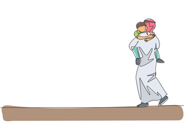 Single continuous line drawing of young Arabian father hugging and carrying his son boy go to bedroom. Islamic muslim happy family fatherhood concept. Trendy one line draw design vector illustration