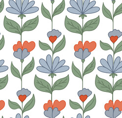 Seamless pattern with blue groovy flowers on stems and foliage on white background. Hippie wallpaper. Vector nature retro floral texture