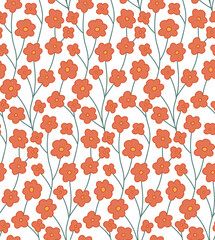 Seamless vector pattern with twisted sakura branches and flowers on white background. Japanese texture with intertwined cartoon flowers.