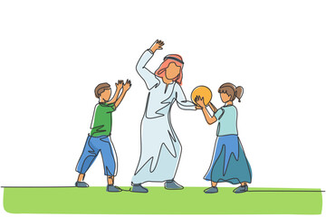 One continuous line drawing of young Islamic dad playing ball with son and daughter at outdoor field. Happy Arabian muslim parenting family concept. Dynamic single line draw design vector illustration