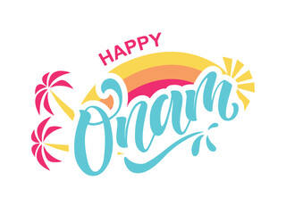 Fototapeta na wymiar Happy Onam hand drawn lettering typography. Indian festival in Kerala. Modern brush ink calligraphy. Vector colorful illustration for greeting card, banner, poster, title, emblem, label, tag